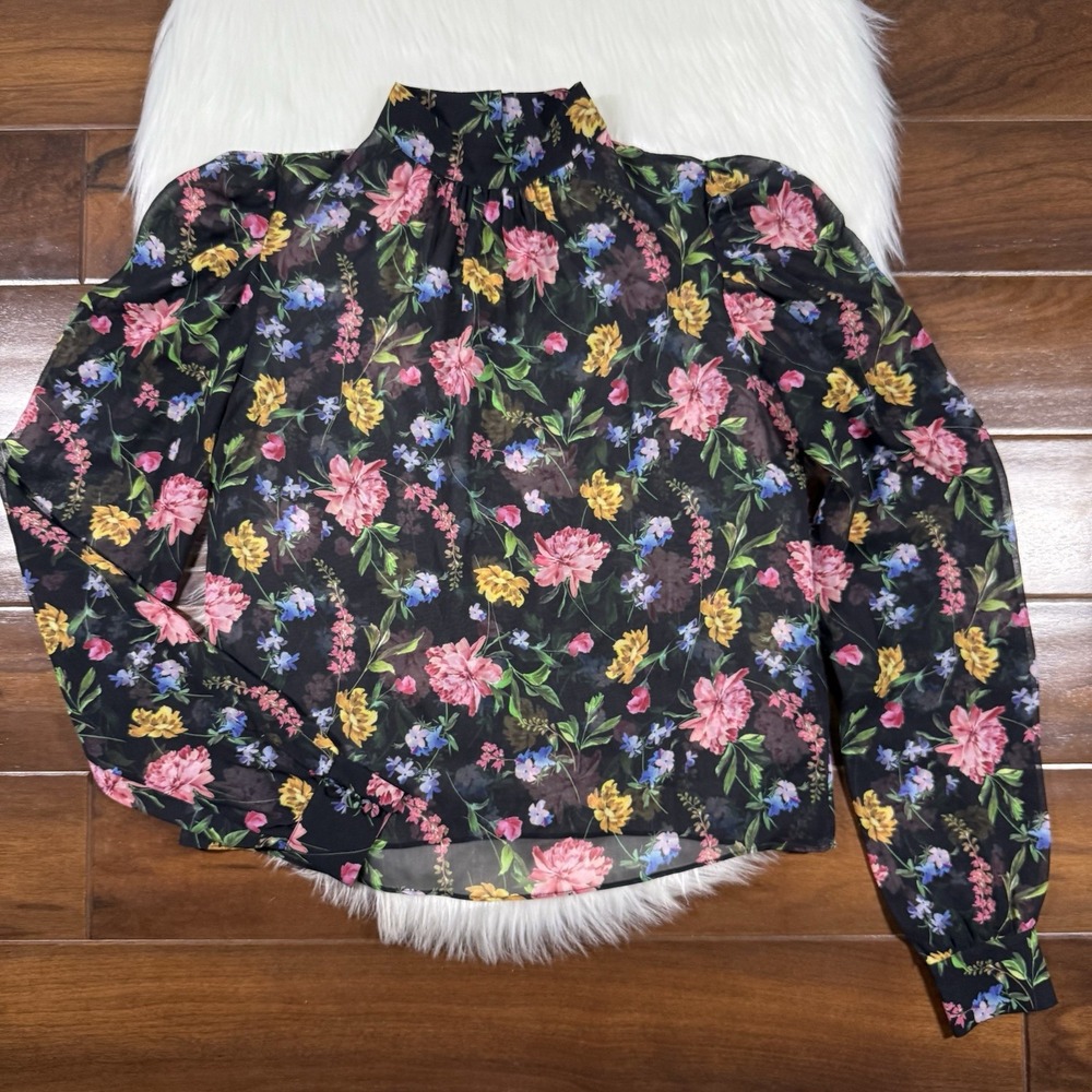 Generation Love Womens Size Small Black Floral Sheer Silk Long Sleeve Blouse Top